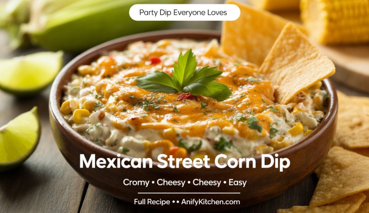 Creamy Mexican street corn dip with cheese and corn served with tortilla chips, easy party appetizer