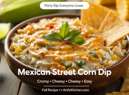 Creamy Mexican street corn dip with cheese and corn served with tortilla chips, easy party appetizer
