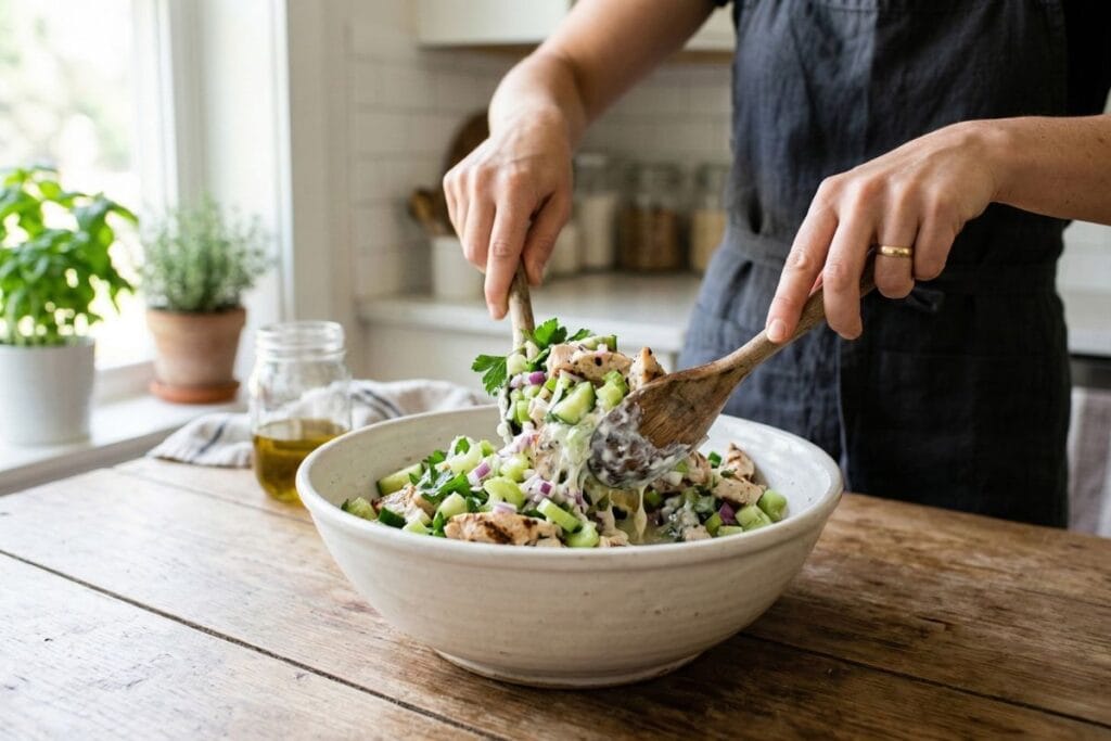 Healthy Chicken Salad Recipe (High Protein, Low Calorie Lunch Ideas) 4 mixing healthy chicken salad with grilled chicken and fresh vegetables in a bowl
