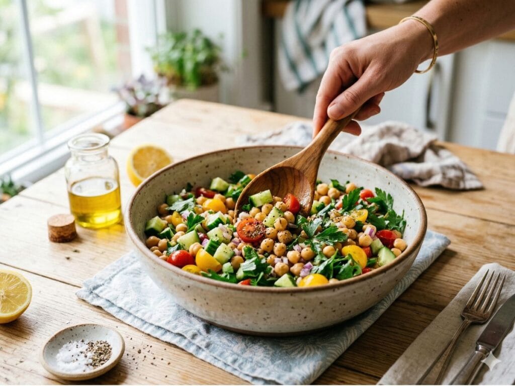 Mediterranean Chickpea Salad Recipe (Healthy Vegan Mediterranean Salad) 4 mixing mediterranean chickpea salad with olive oil dressing