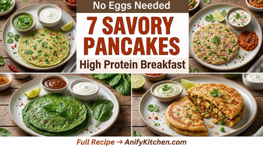 7 Savory Pancakes (Healthy High Protein Breakfast β No Eggs, Easy & Quick) 3 7 savory pancakes high protein breakfast recipes no eggs healthy vegetarian pancakes collage