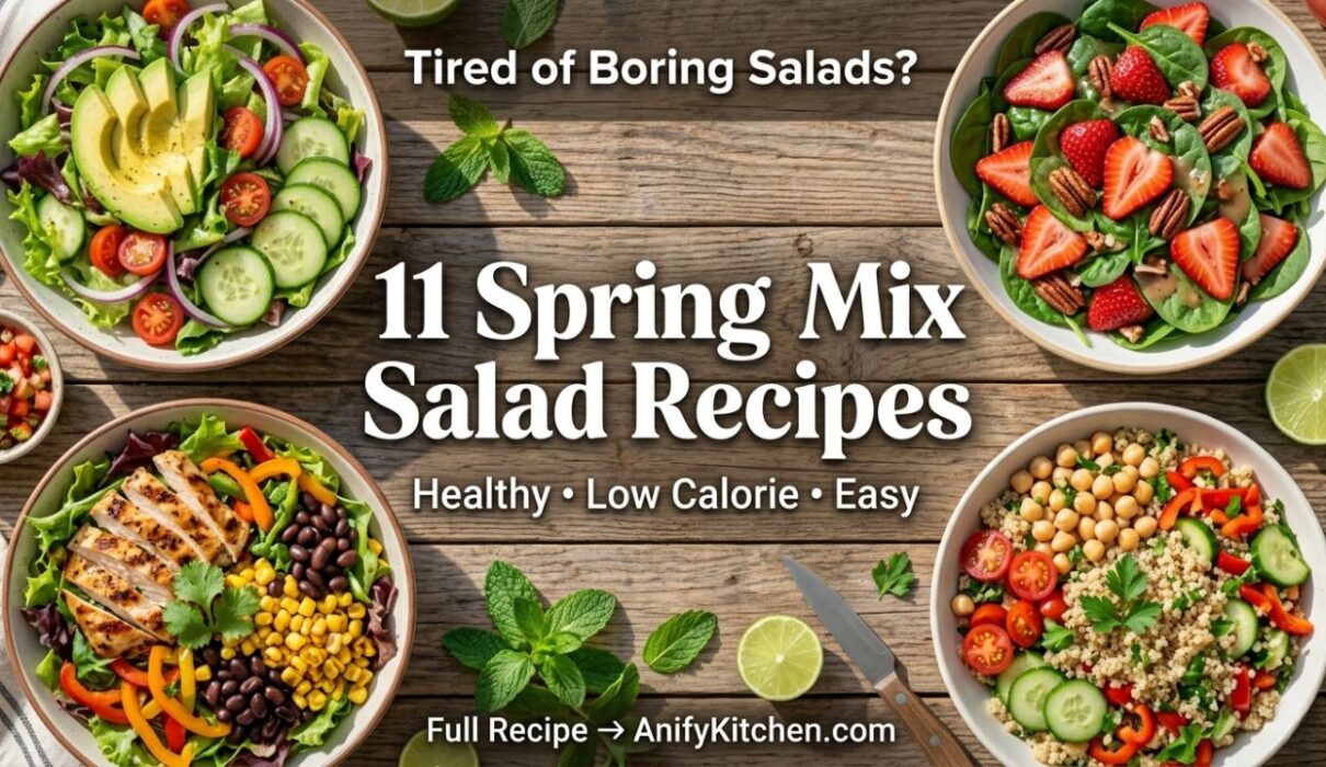 11 Spring Mix Salad Recipes (Healthy, Low Calorie & Easy Ideas) 1 Collage of healthy spring mix salad recipes including avocado, chicken, and fruit salads on wooden table