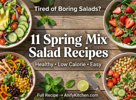 Collage of healthy spring mix salad recipes including avocado, chicken, and fruit salads on wooden table