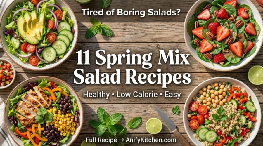 11 Spring Mix Salad Recipes (Healthy, Low Calorie & Easy Ideas) 3 Collage of healthy spring mix salad recipes including avocado, chicken, and fruit salads on wooden table