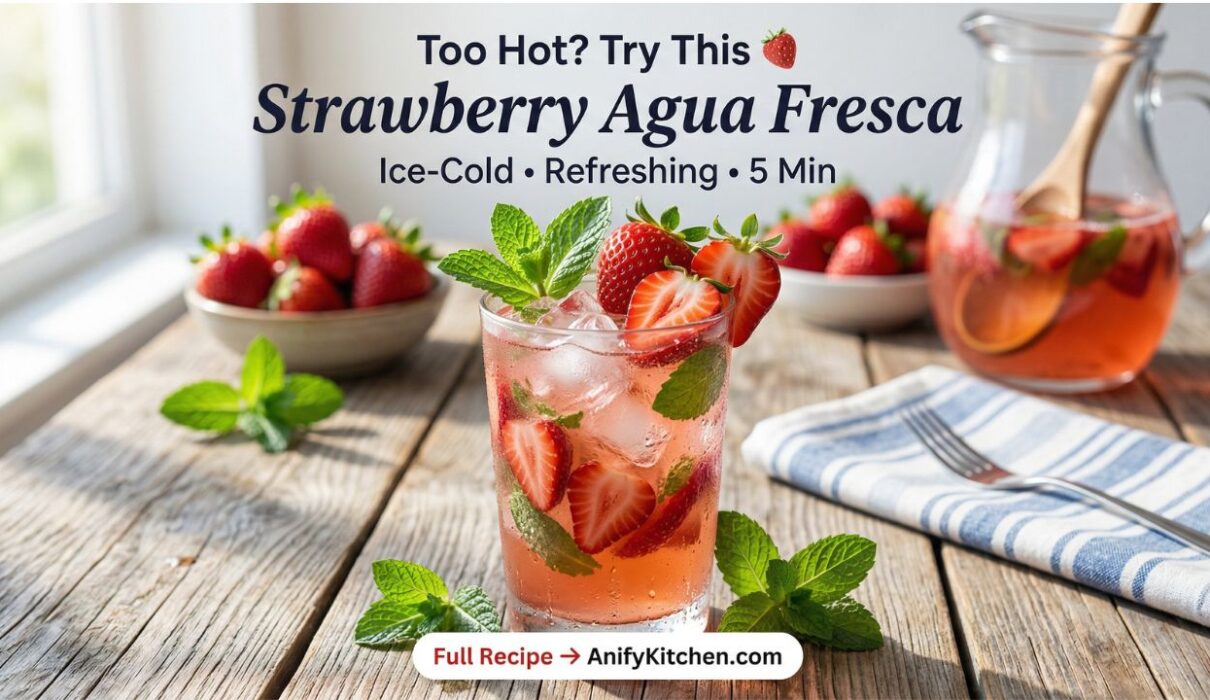 Refreshing strawberry agua fresca with ice, mint and fresh strawberries in glass on wooden table