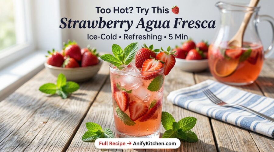 Strawberry Agua Fresca Recipe (Refreshing Ice-Cold Summer Drink in 5 Minutes 2 Refreshing strawberry agua fresca with ice, mint and fresh strawberries in glass on wooden table