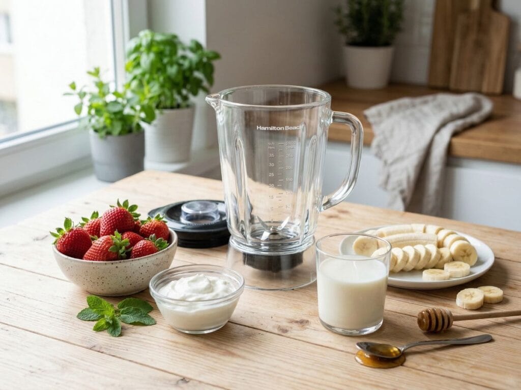ingredients for strawberry banana smoothie including strawberries banana milk and yogurt