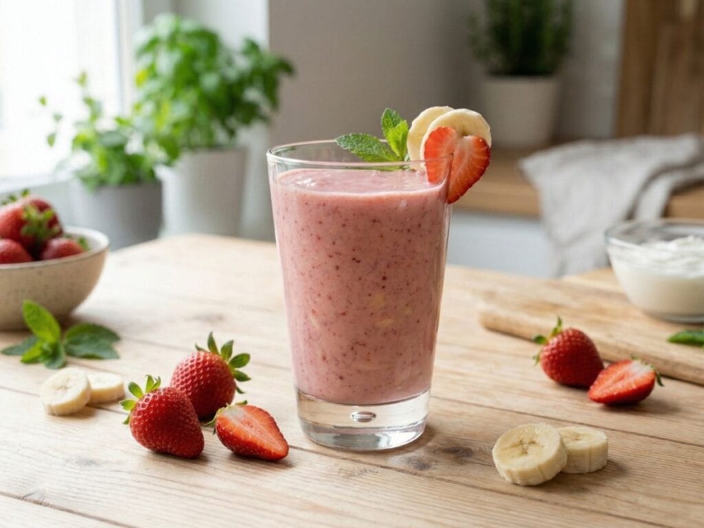 fresh strawberry banana smoothie served in a glass healthy breakfast drink