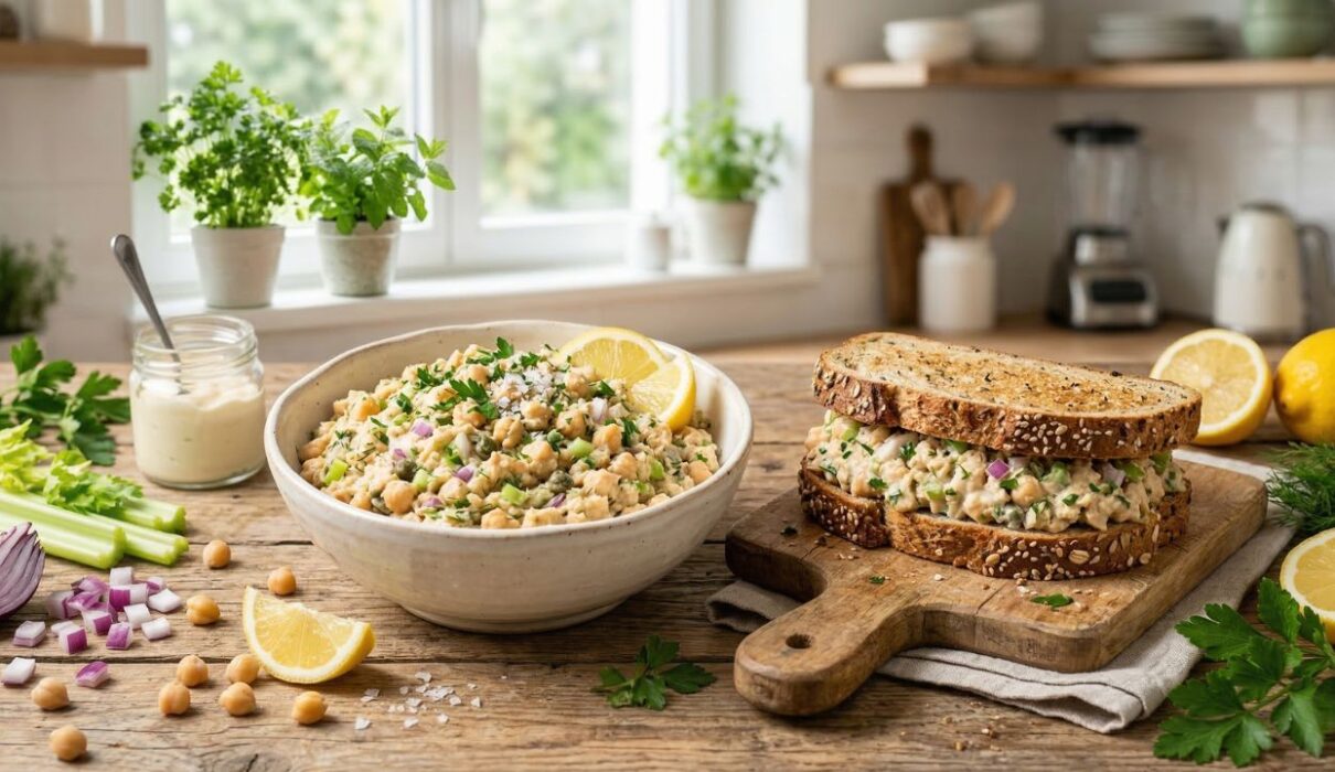 vegan chickpea tuna salad recipe served in a bowl with chickpea tuna sandwich in a natural kitchen setting