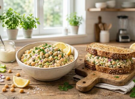 vegan chickpea tuna salad recipe served in a bowl with chickpea tuna sandwich in a natural kitchen setting