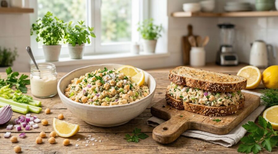 vegan chickpea tuna salad recipe served in a bowl with chickpea tuna sandwich in a natural kitchen setting