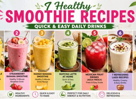 Collection of 7 healthy smoothie recipes including mango, strawberry banana, matcha latte, and protein drinks, perfect for quick breakfast, weight loss, and refreshing summer drinks