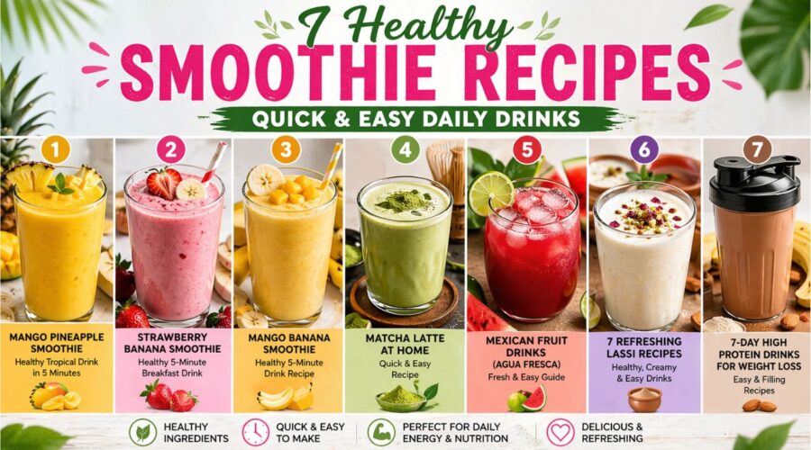 Collection of 7 healthy smoothie recipes including mango, strawberry banana, matcha latte, and protein drinks, perfect for quick breakfast, weight loss, and refreshing summer drinks