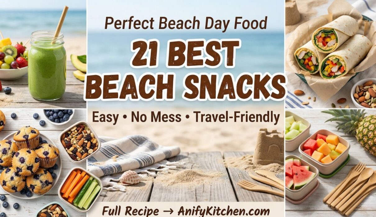 21 Best Beach Snacks for a Perfect Day (Easy, Portable & No-Mess Ideas) 1 collage of best beach snacks including fruit skewers wraps trail mix muffins and smoothie jars for a perfect beach day