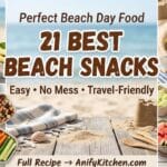 collage of best beach snacks including fruit skewers wraps trail mix muffins and smoothie jars for a perfect beach day