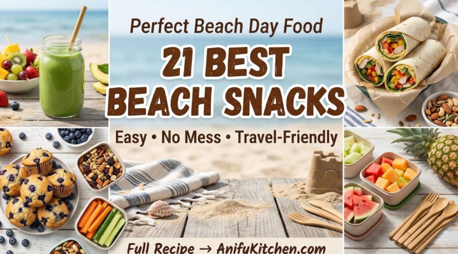 21 Best Beach Snacks for a Perfect Day (Easy, Portable & No-Mess Ideas) 2 collage of best beach snacks including fruit skewers wraps trail mix muffins and smoothie jars for a perfect beach day