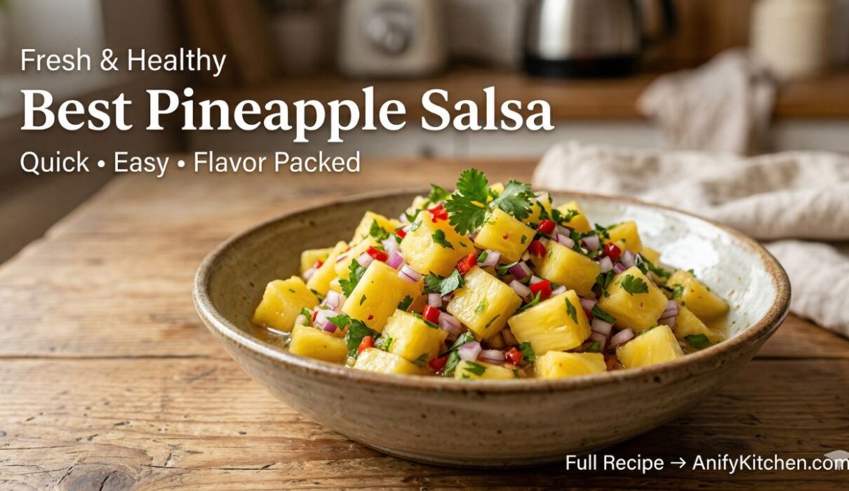 Best Pineapple Salsa Recipe (Chef Style Guide) 1 Best pineapple salsa recipe in a bowl with fresh pineapple, onion, chili, and cilantro on a wooden table