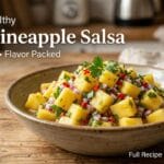 Best pineapple salsa recipe in a bowl with fresh pineapple, onion, chili, and cilantro on a wooden table