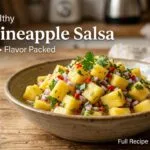 Best pineapple salsa recipe in a bowl with fresh pineapple, onion, chili, and cilantro on a wooden table