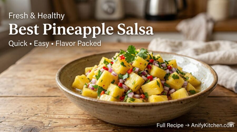 Best pineapple salsa recipe in a bowl with fresh pineapple, onion, chili, and cilantro on a wooden table