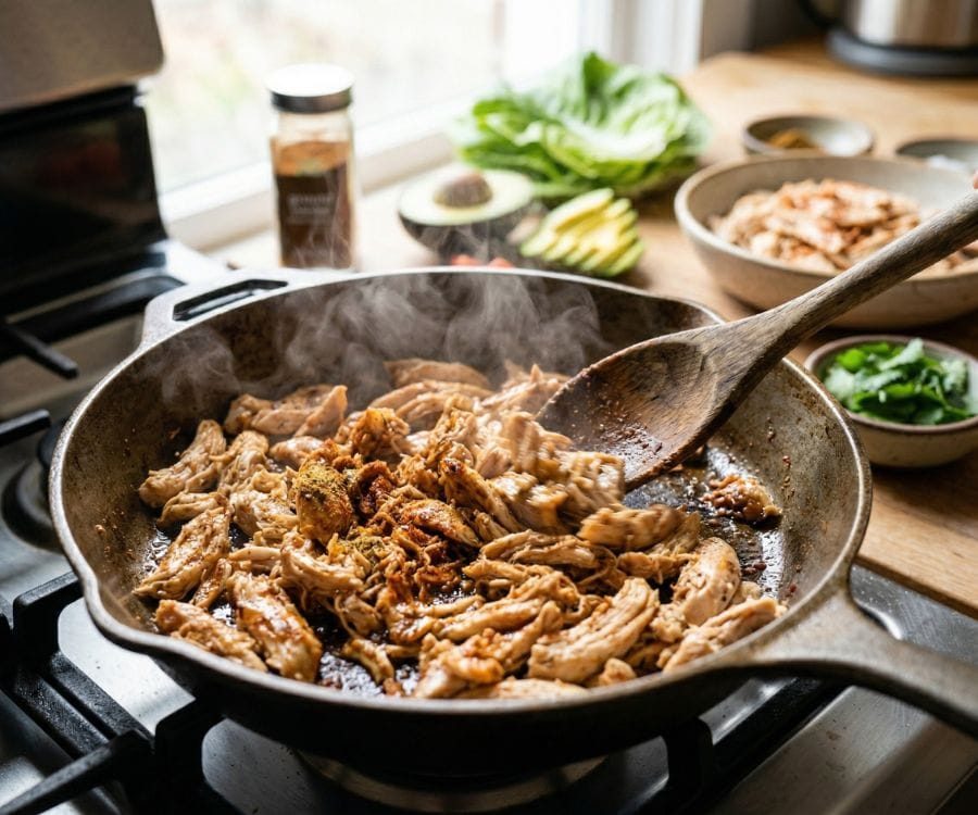 Easy Healthy Chicken Lettuce Tacos (Low Carb Chicken Taco Lettuce Wraps) 3 cooking chicken lettuce tacos step.jpg