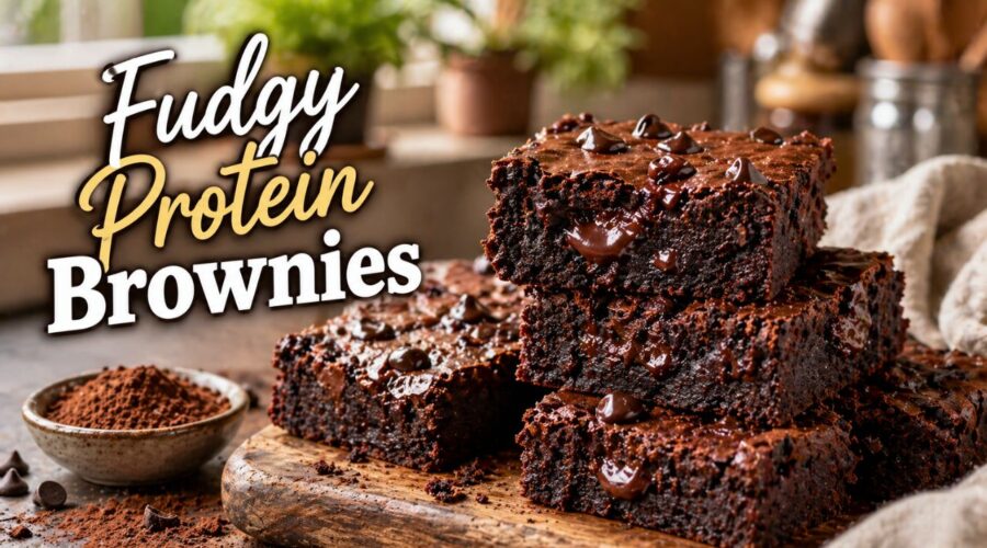 easy high protein fudgy brownies recipe with rich chocolate and soft center