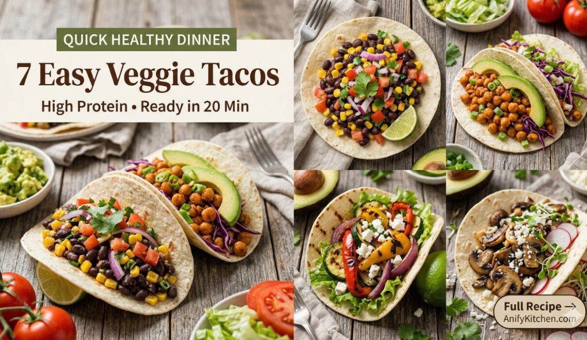 collage of healthy veggie tacos including black bean chickpea and grilled vegetable tacos for quick dinner