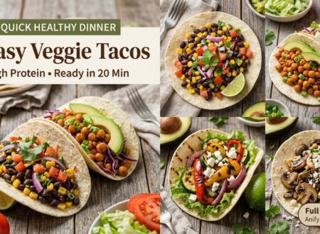 7 Easy Veggie Tacos (Healthy, High Protein & Ready in 20 Minutes) 5 collage of healthy veggie tacos including black bean chickpea and grilled vegetable tacos for quick dinner