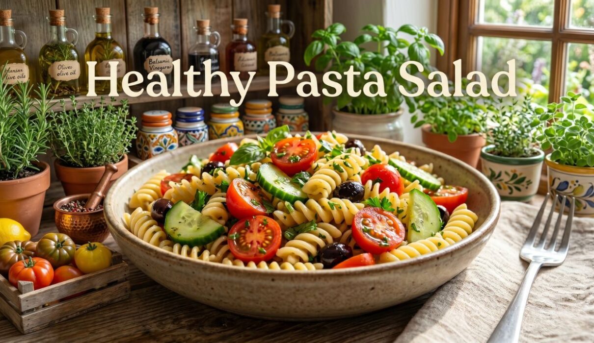 healthy summer pasta salad with vinaigrette dressing fresh vegetables easy recipe