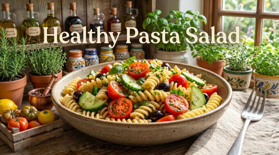 healthy summer pasta salad with vinaigrette dressing fresh vegetables easy recipe