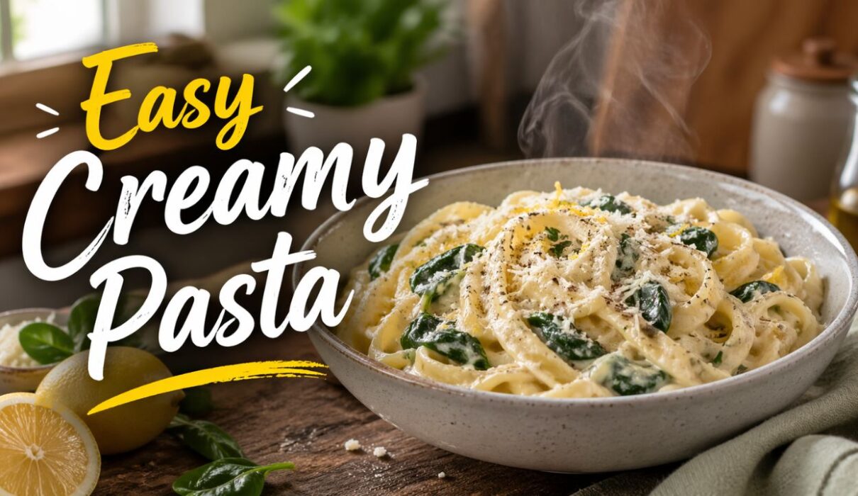 Creamy lemon ricotta pasta with spinach and honey in bowl, easy 30 minute healthy pasta dinner