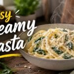 Creamy lemon ricotta pasta with spinach and honey in bowl, easy 30 minute healthy pasta dinner