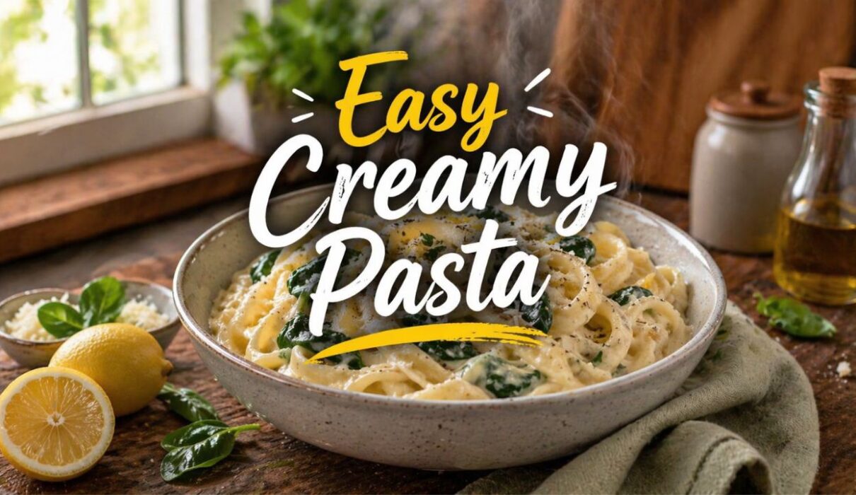 Creamy lemon ricotta pasta with spinach and honey in bowl, easy 30 minute healthy pasta dinner