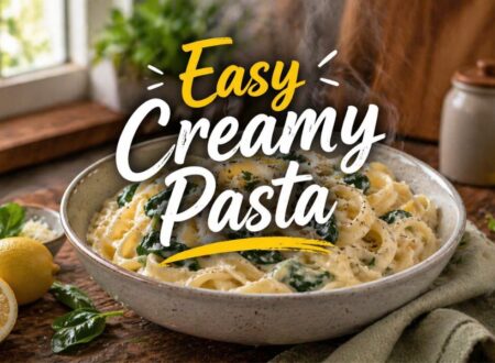 Creamy lemon ricotta pasta with spinach and honey in bowl, easy 30 minute healthy pasta dinner