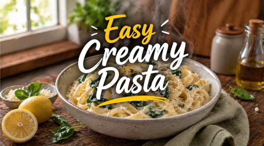 Creamy lemon ricotta pasta with spinach and honey in bowl, easy 30 minute healthy pasta dinner