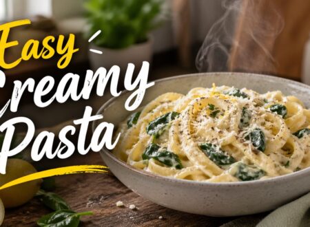 Creamy lemon ricotta pasta with spinach and honey in bowl, easy 30 minute healthy pasta dinner