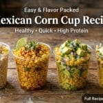 Mexican corn in a cup recipes collage showing creamy spicy avocado and cheesy esquites variations in rustic kitchen setting