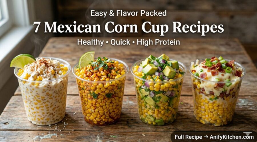 Mexican corn in a cup recipes collage showing creamy spicy avocado and cheesy esquites variations in rustic kitchen setting