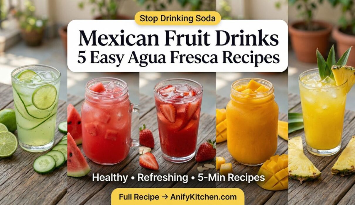 Mexican Fruit Drinks (Agua Fresca Guide + 5 Easy Recipes) 1 Mexican fruit drinks agua fresca collage with cucumber lime, watermelon, strawberry, mango, and pineapple drinks in glass jars