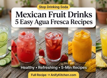 Mexican fruit drinks agua fresca collage with cucumber lime, watermelon, strawberry, mango, and pineapple drinks in glass jars