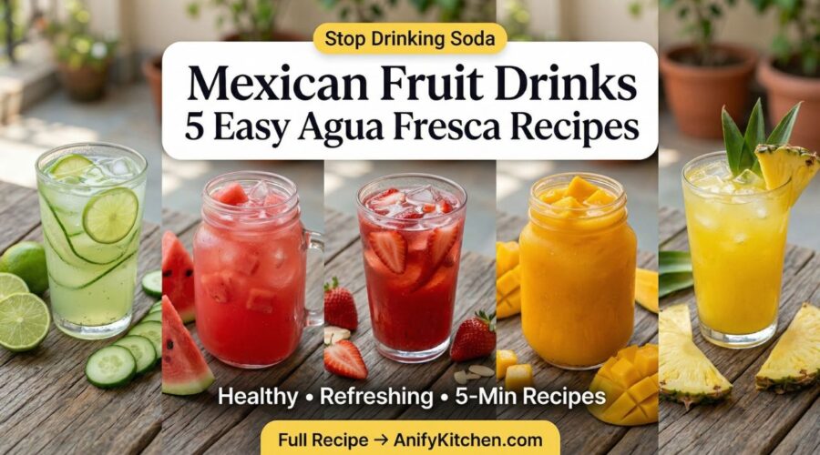 Mexican fruit drinks agua fresca collage with cucumber lime, watermelon, strawberry, mango, and pineapple drinks in glass jars