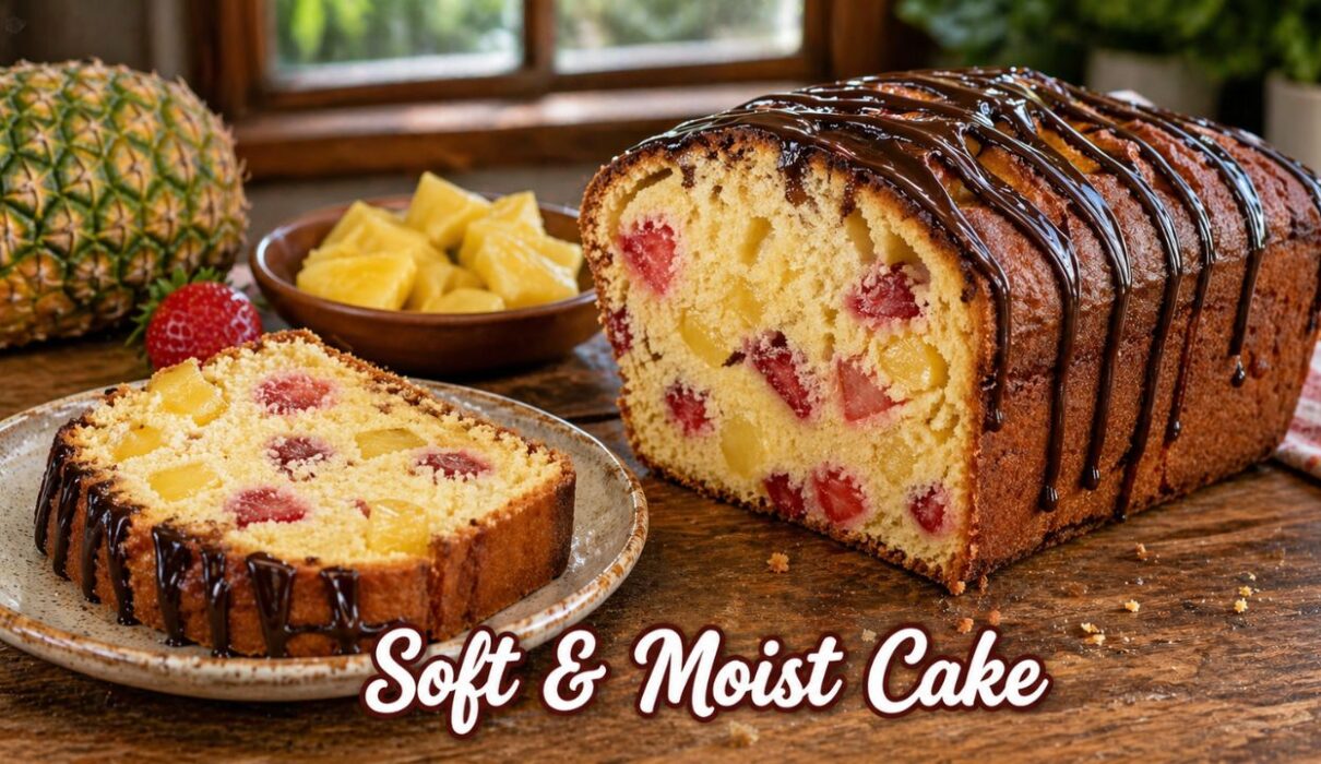 moist strawberry pineapple pound cake with chocolate drizzle sliced homemade fruit cake recipe