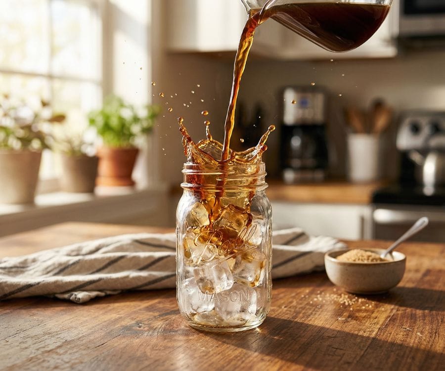 How to Make Iced Coffee at Home | Easy & Refreshing Summer Drink 3 pouring iced coffee mason jar.jpg