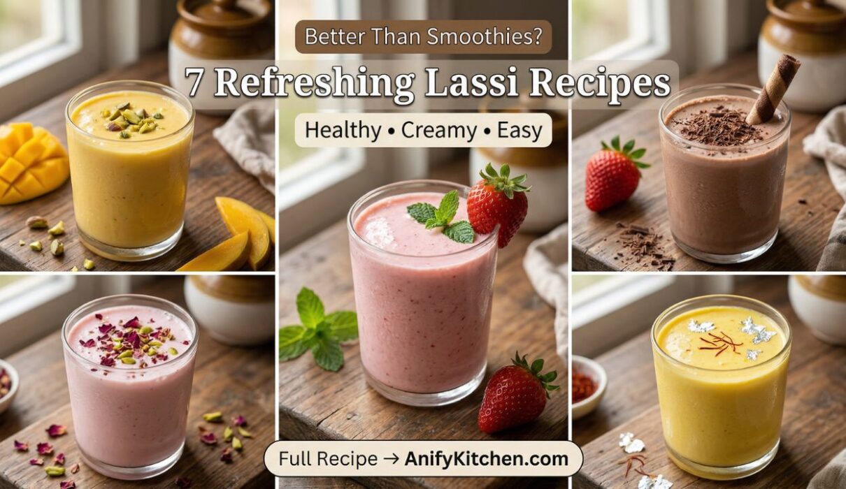 7 refreshing lassi recipes including mango strawberry chocolate and rose lassi in glasses on wooden table healthy yogurt drinks summer
