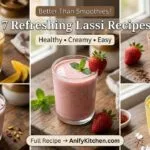 7 refreshing lassi recipes including mango strawberry chocolate and rose lassi in glasses on wooden table healthy yogurt drinks summer
