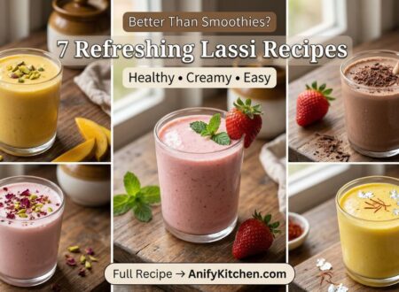 7 refreshing lassi recipes including mango strawberry chocolate and rose lassi in glasses on wooden table healthy yogurt drinks summer