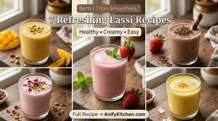 7 refreshing lassi recipes including mango strawberry chocolate and rose lassi in glasses on wooden table healthy yogurt drinks summer