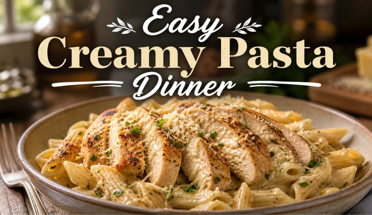 Creamy garlic butter parmesan chicken pasta recipe served in bowl with tender chicken and parmesan sauce