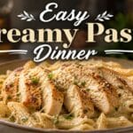 Creamy garlic butter parmesan chicken pasta recipe served in bowl with tender chicken and parmesan sauce