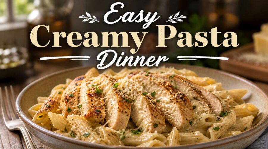 Creamy garlic butter parmesan chicken pasta recipe served in bowl with tender chicken and parmesan sauce